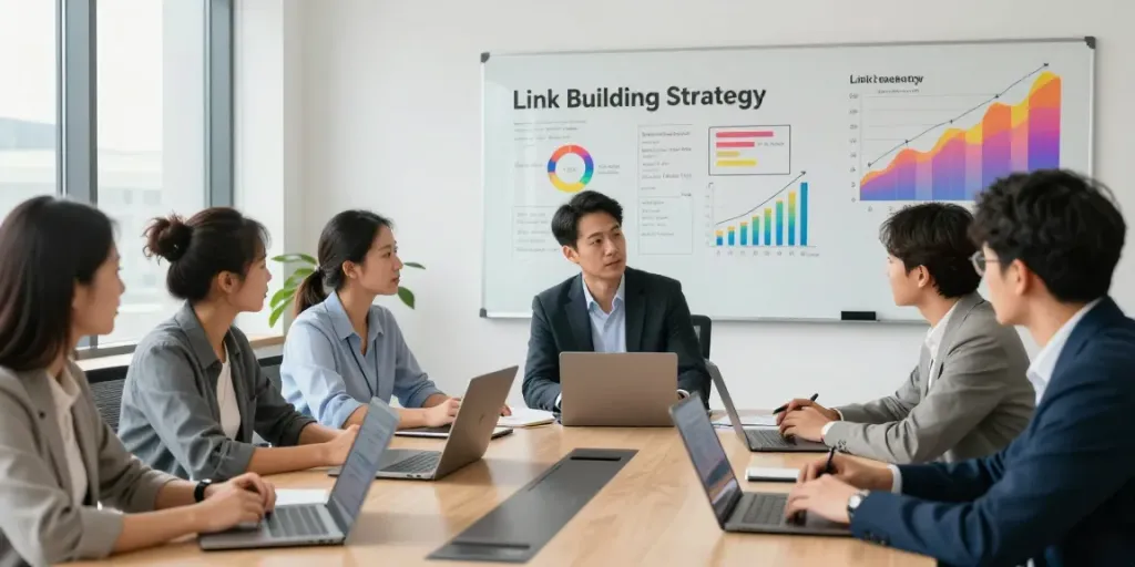 SEO experts collaborating on link building pricing strategies in a modern office.