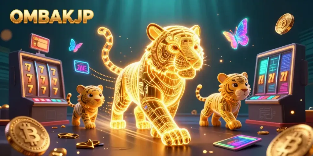 Experience the electrifying action of OMBAKJP in this vibrant digital casino illustration featuring golden tiger and crypto elements.