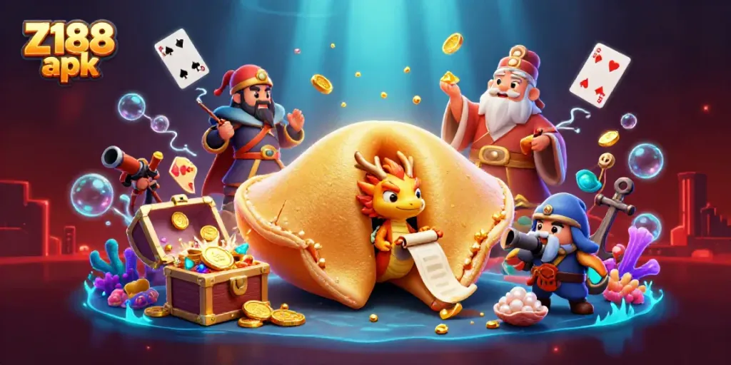 Engage with Z188 apk through a colorful 3D casino scene with playful characters and vibrant treasures.