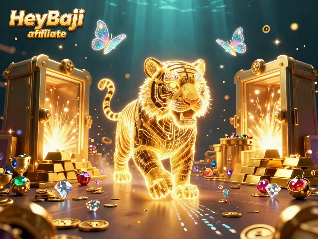 Experience the thrill of the HeyBaji affiliate as golden treasures sparkle amid a vibrant casino landscape.