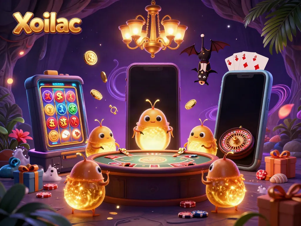 Xoilac illuminates a vibrant casino scene with glowworms and a bat dealer, showcasing gaming energy.