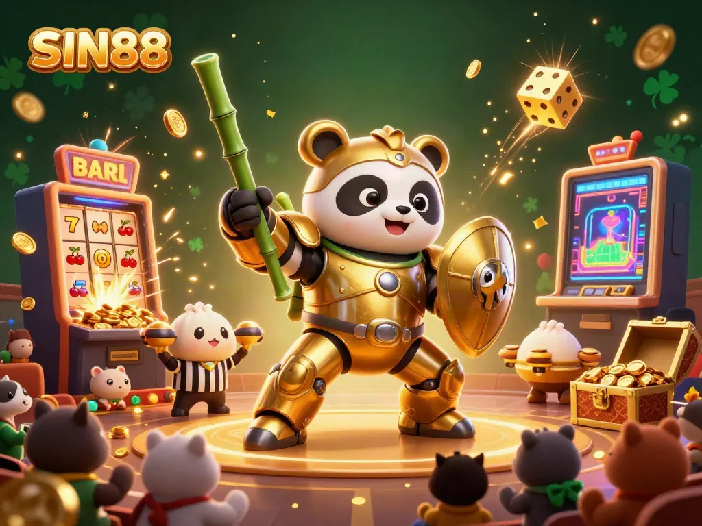 SIN88 showcases an exciting 3D scene with a golden panda, slot machines, and vibrant casino elements.