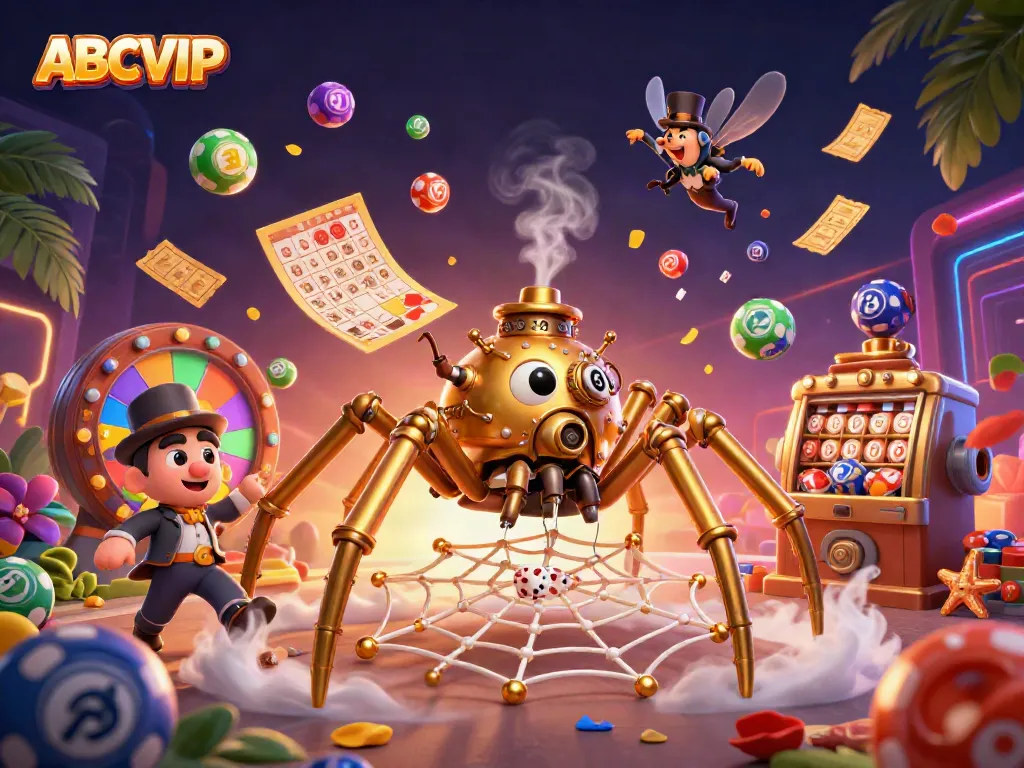 Experience dynamic gameplay with ABCVIP, featuring a golden spider web and vibrant lottery elements.