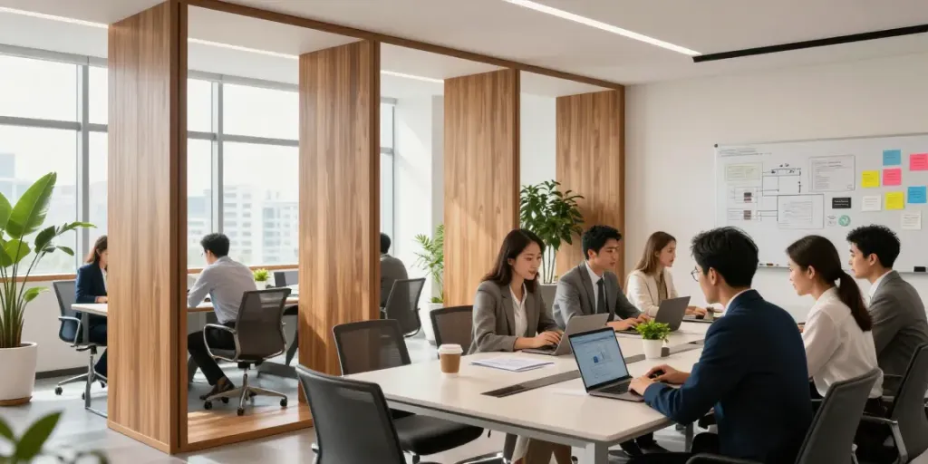 Elegant wooden پارتیشن panels in a modern office workspace.