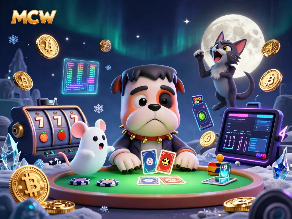 MCW platform showcases a 3D Frankenstein bulldog and werewolf kitten in a vibrant casino setting, dealing cards.