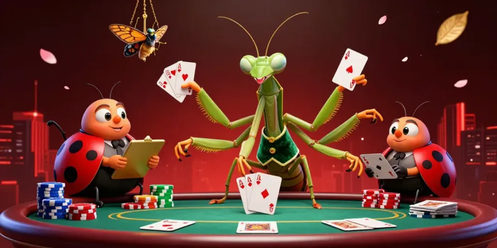 Pkv Games dealers showcasing advanced poker skills amidst vibrant casino elements.
