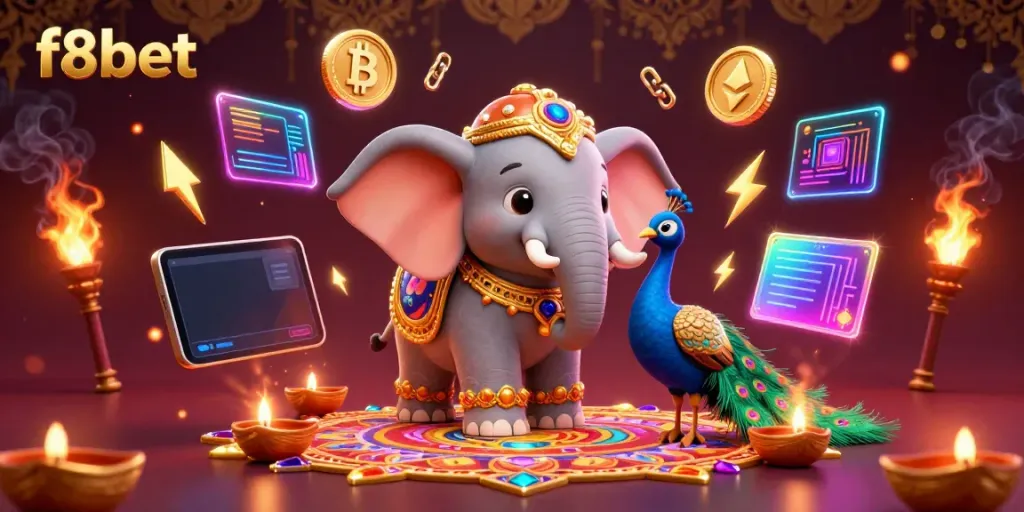 Experience thrilling betting at f8bet with an ornate Diwali-themed elephant and crypto elements.