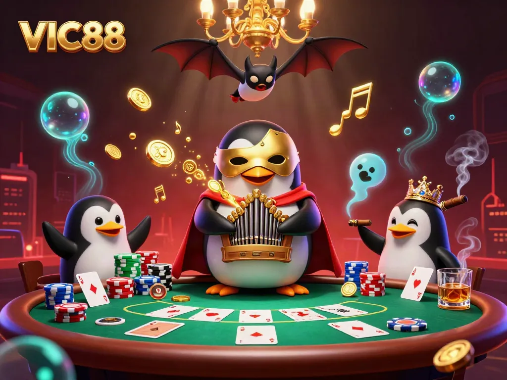 Experience the thrilling atmosphere of VIC88 as a cartoon penguin plays an organ shooting golden coins.