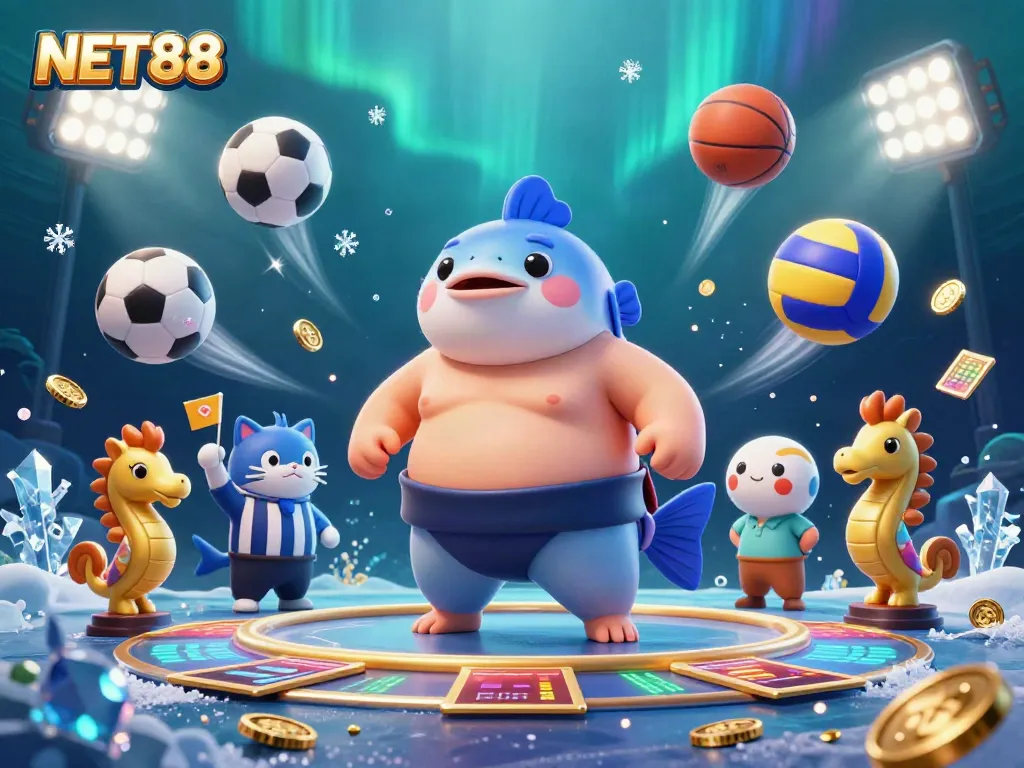 Engage with NET88 in a vibrant underwater scene with a fugu sumo wrestler and seahorse cheering.