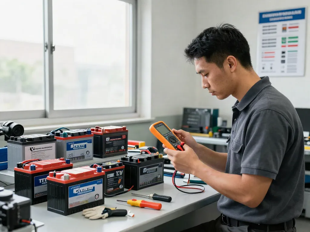 Technician measuring performance of various 12V battery models in a professional workshop.