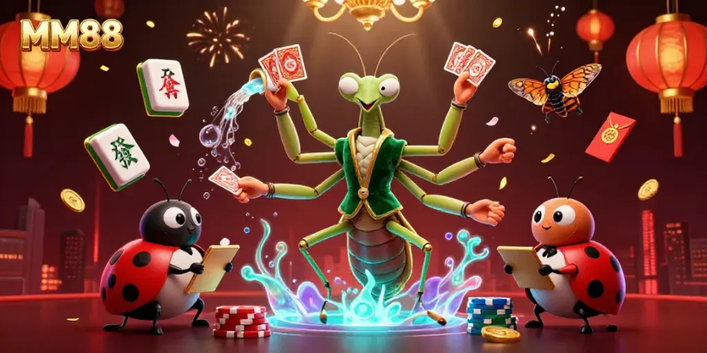 Engaging scene showcasing MM88 with a giant praying mantis card sharp and ladybug pit boss in a vibrant casino atmosphere.