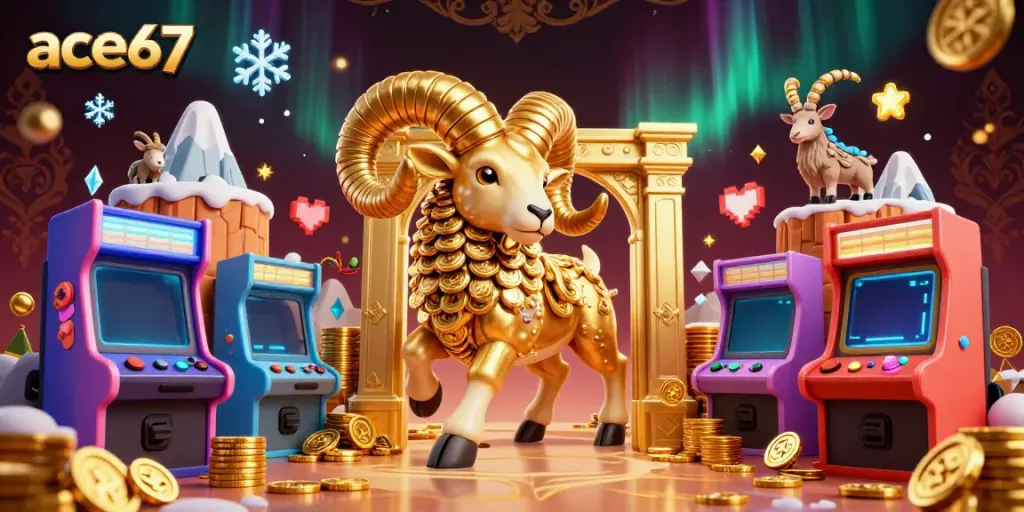 Engage with ace67's vibrant casino adventure featuring a golden ram amidst colorful arcade games.