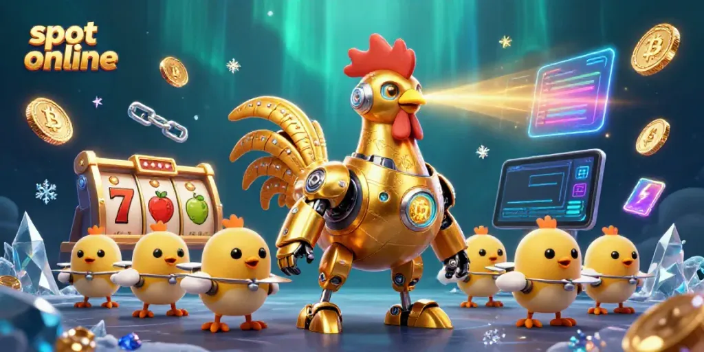 Ikon slot online menarik dengan karakter robot dan elemen permainan yang bersinar
