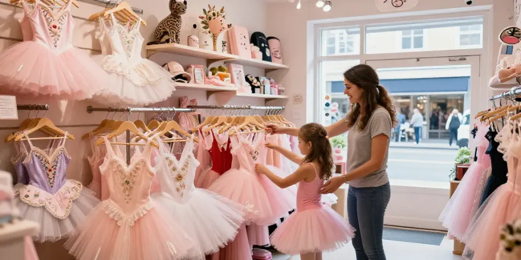 Shopping for tutus at a colorful tutu store with a cheerful assistant guiding a young girl.