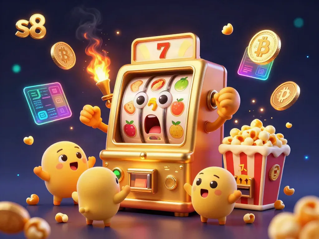 Experience thrilling jackpots with s8's cartoon slot machine celebration, surrounded by coins and vibrant gaming elements.