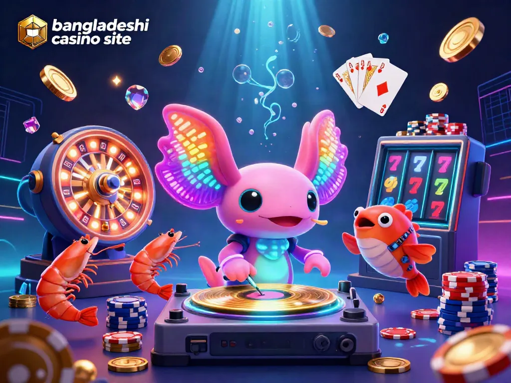 Experience the vibrant world of the bangladeshi casino site with a neon aquatic DJ, spinning records among dancing sea creatures and cascading casino elements.