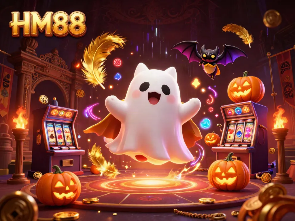 Experience the thrilling HM88 casino atmosphere with a ghost cat, vampire bat, and glowing jack-o-lanterns.