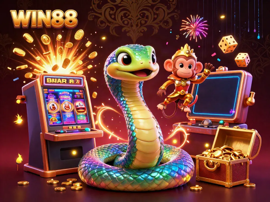 Experience the excitement of WIN88 with vibrant symbols, cascading coins, and captivating characters in an immersive illustration.