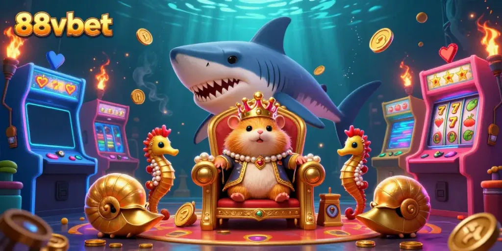 Experience excitement with the golden hamster king ruling over the vibrant casino landscape at 88vbet, surrounded by enchanting game elements.