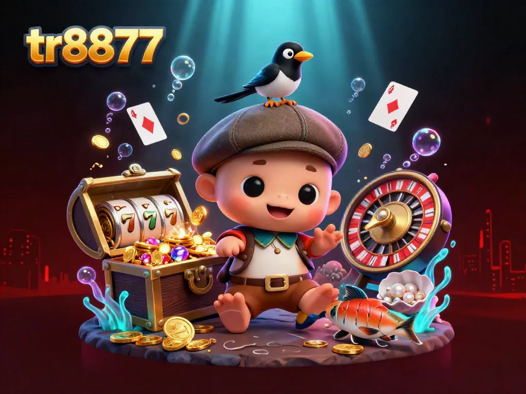 Engaging tr8877 casino scene with 3D cartoon Nessie and golden treasures in a vibrant underwater world.