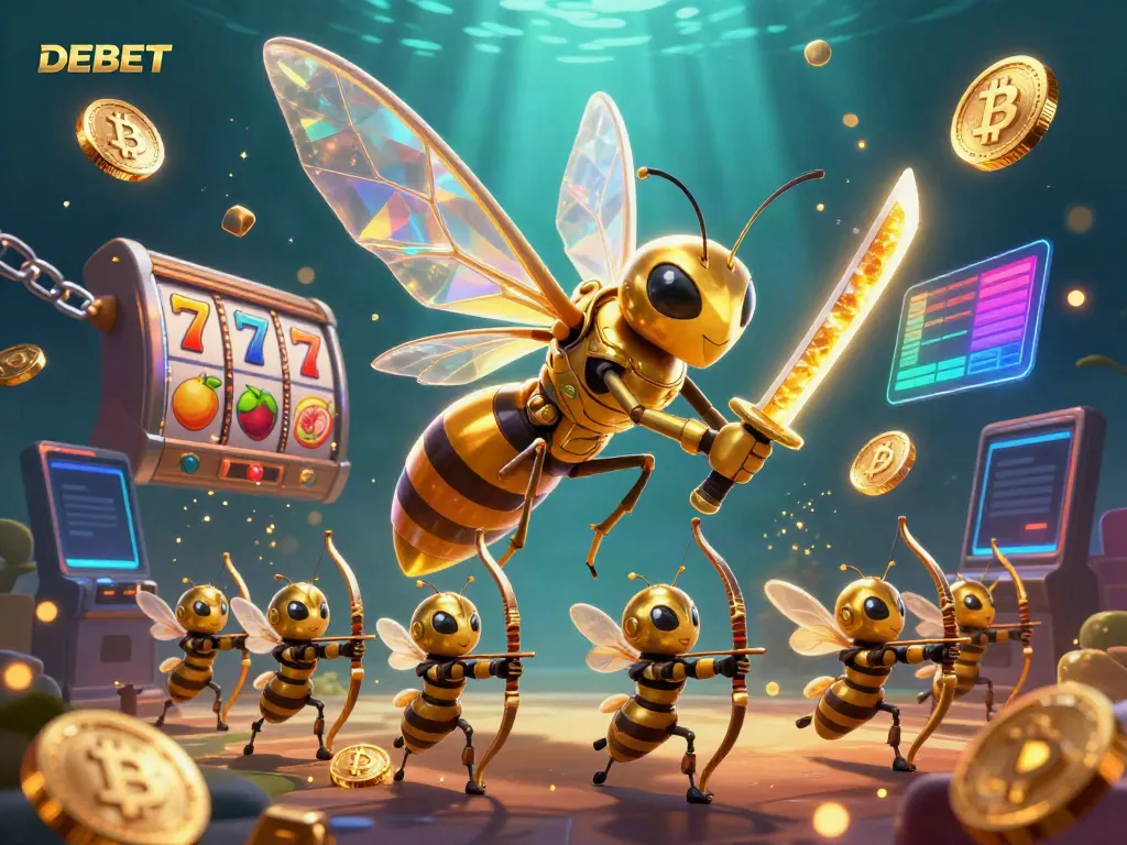 Join the action with DEBET's vibrant golden hornet samurai in an illustrated casino showdown.