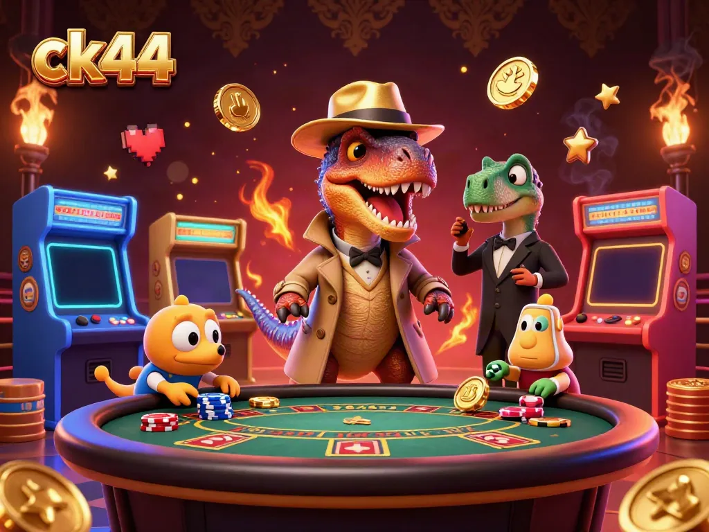 Experience thrilling gaming at ck44 with a velociraptor card counter and casino elements.