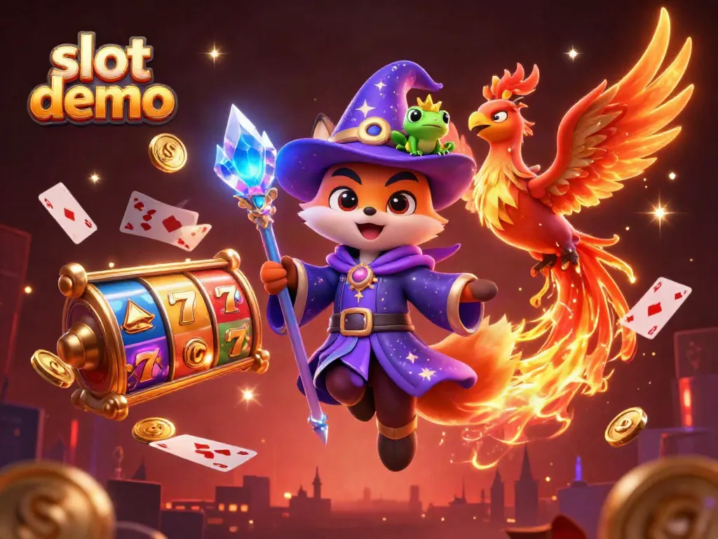 Experience thrilling slot demo adventures with a wizard fox and phoenix in this vibrant illustration.