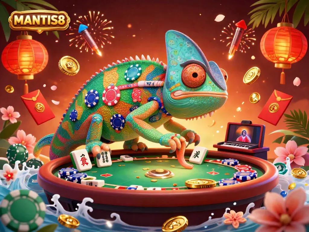 Experience the thrill of MANTIS88 with a vibrant casino atmosphere, featuring dynamic game elements and a colorful chameleon owner.