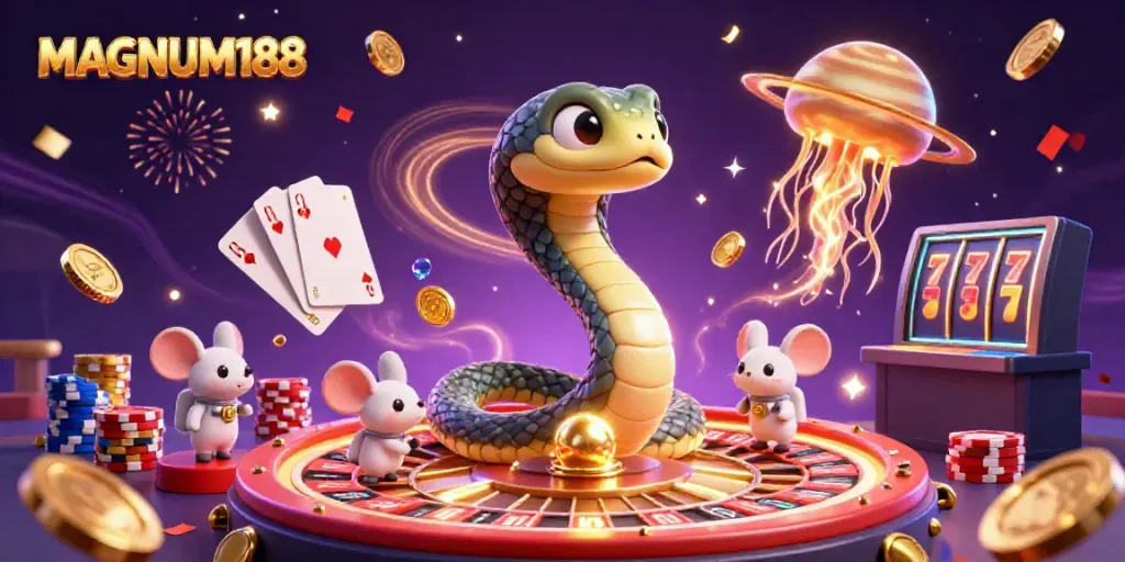 Experience the thrill of MAGNUM188 with this vibrant cosmic casino illustration featuring roulette and betting action.