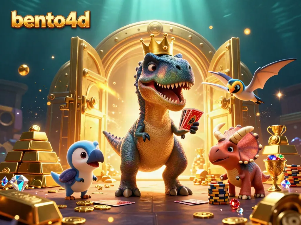 Engage in thrilling bento4d games with a vibrant T-Rex and friends surrounded by treasures and fun.
