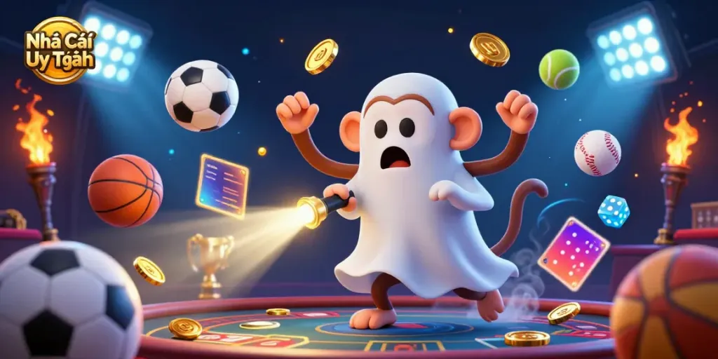 Engage with the vibrant world of Nhà Cái Uy Tín featuring a mischievous monkey and ghost-hunter puppy in an energetic casino scene.