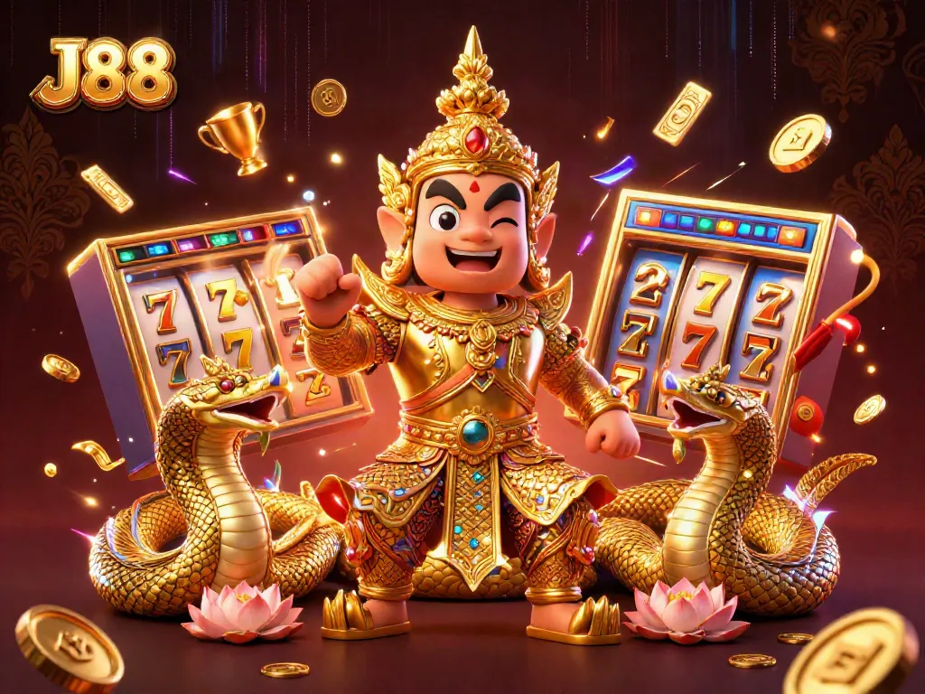 Engage in thrilling gambling action with J88 amidst vibrant casino elements and dynamic slot symbols.