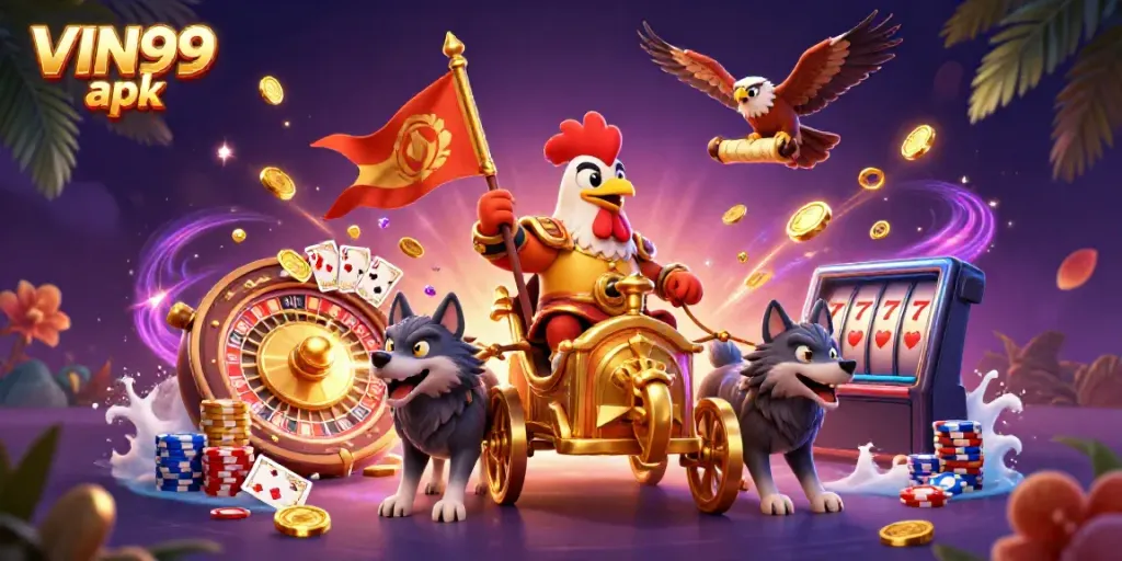 Experience thrilling gameplay with VIN99 apk featuring a cartoon rooster warlord and golden chariot.