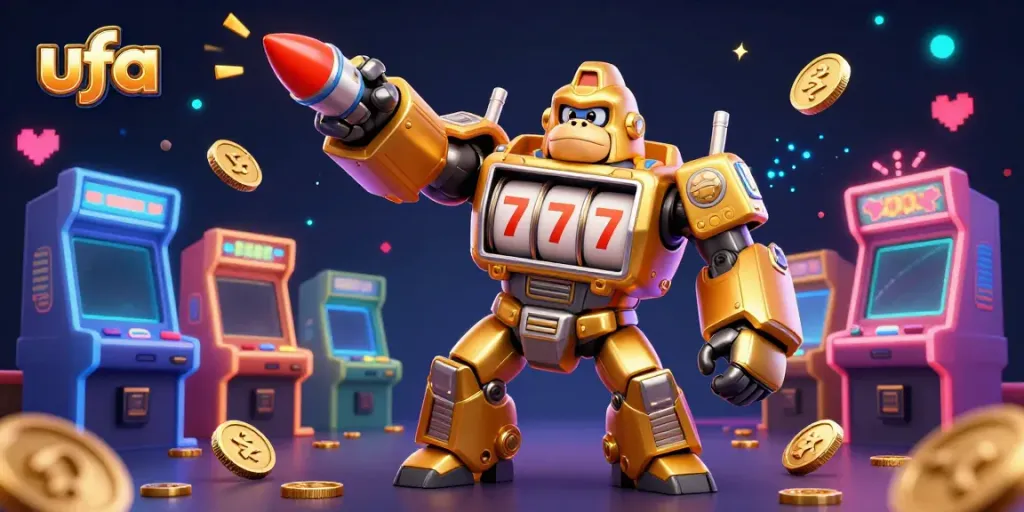 Engage in thrilling gameplay at ufa with a dynamic 3D gorilla mech and vibrant casino graphics.