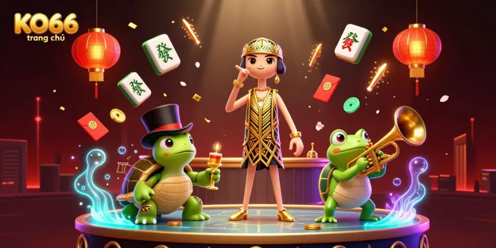 Engage with KO66 trang chủ's vibrant online gaming experience through 3D art featuring lively characters and casino elements.