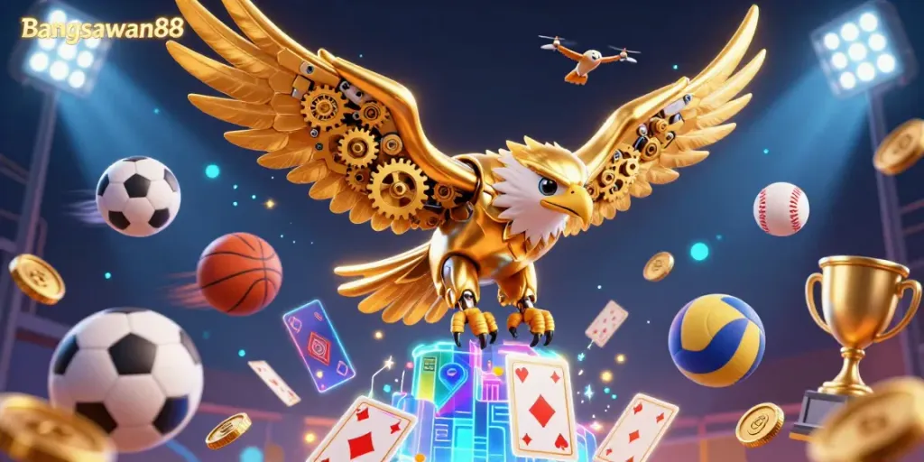 Bangsawan88 captures thrilling sports betting action with a dynamic golden eagle and vibrant game elements.