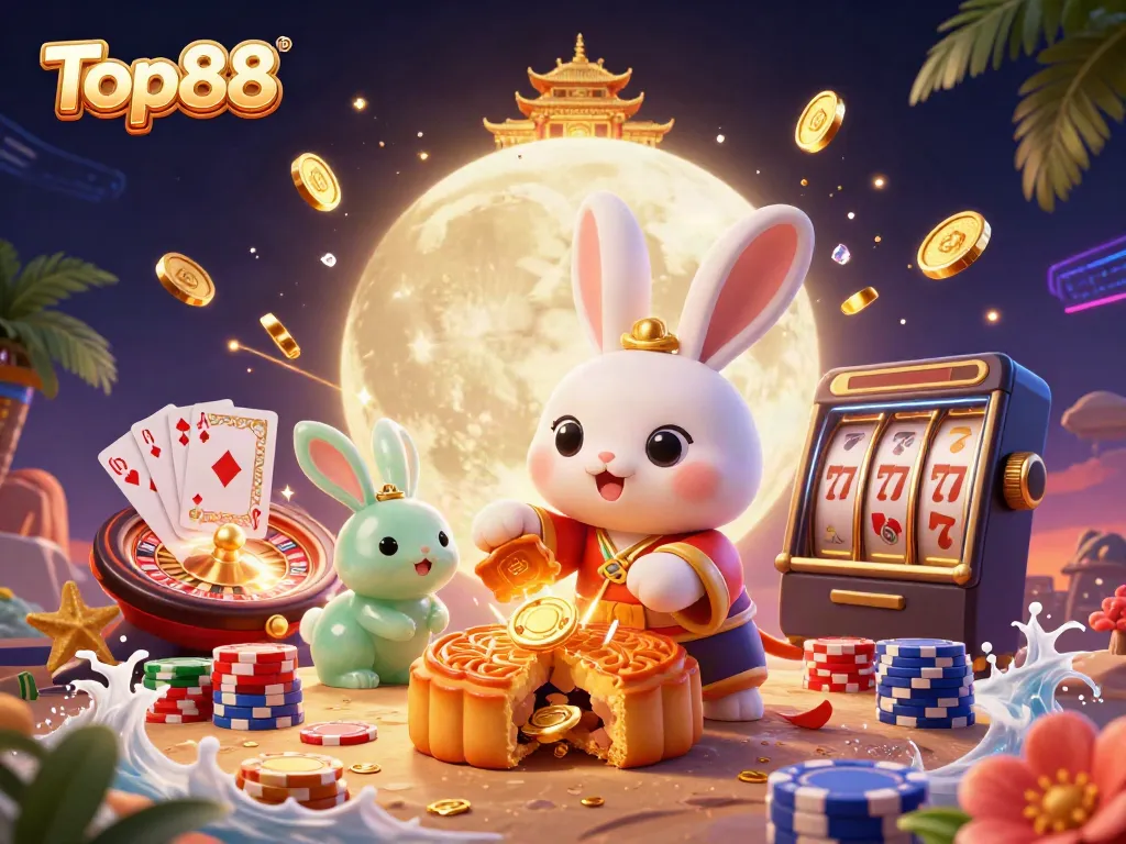 Immerse in Top88's rich casino landscape with cartoon moon rabbit, poker chips, and vibrant gambling elements.