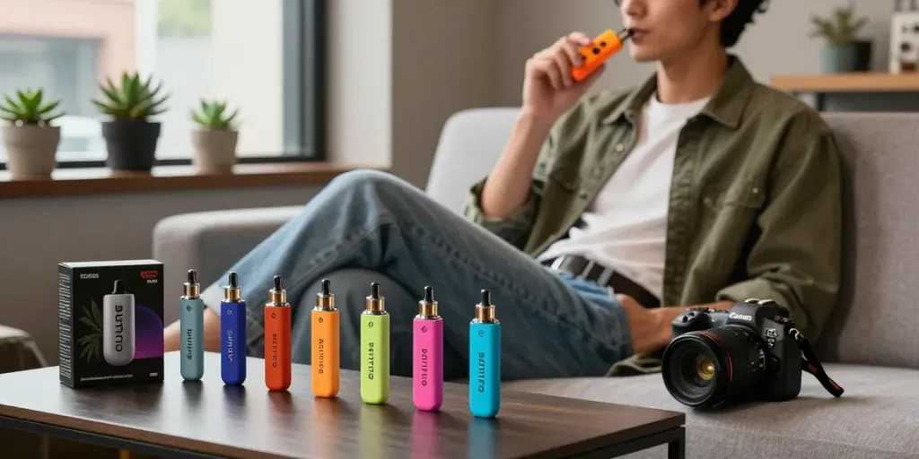 Boutiq Switch Gum Disposable vape being enjoyed in a modern urban lounge, showcasing a stylish individual in a chic setting.