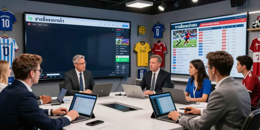 Football analysts discussing ข่าวซื้อขายนักเตะ in a vibrant newsroom.