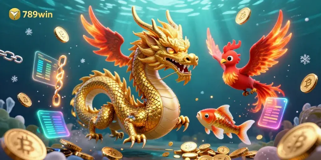 Experience the vibrant energy of 789win with a powerful dragon and phoenix in a magical casino scene.