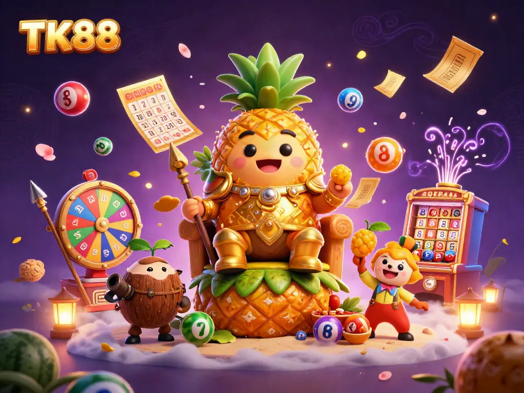 Engaging scene illustrating TK88 with a pineapple king and casino elements, emphasizing vibrant gaming dynamics.