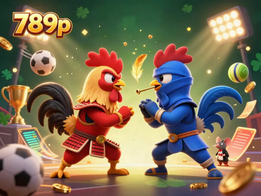 789p highlights intense rooster duel in an energetic casino-themed illustration, showcasing dynamic sports elements.