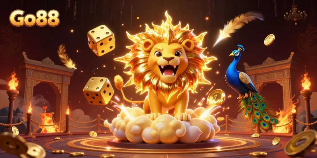 Experience the excitement of Go88 with a dynamic illustration featuring a roaring lion, golden dice, and vibrant casino elements.