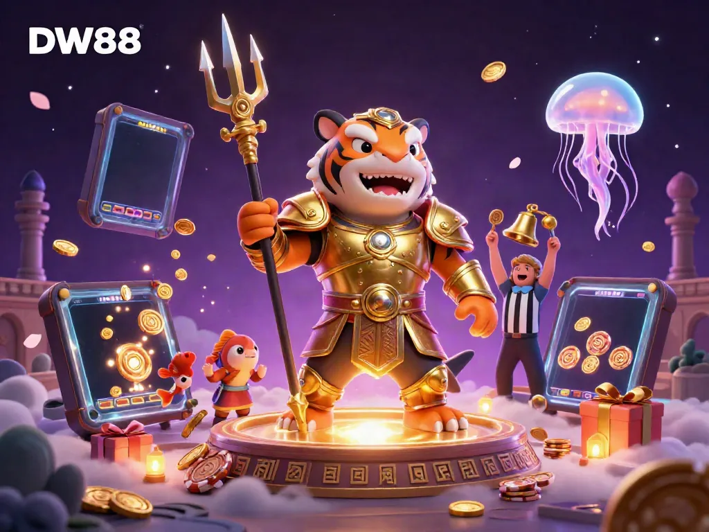Experience thrilling casino gameplay at DW88 with a dynamic underwater colosseum scene featuring a gladiator shark and slot games.