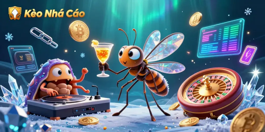 Kèo Nhà Cái showcases a lively 3D casino scene featuring unique creatures and glowing cryptocurrencies.
