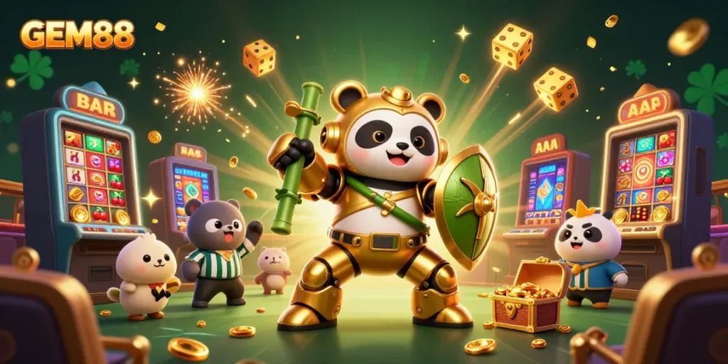 Experience the thrill of GAM88 with dynamic 3D casino action featuring a golden panda and vibrant slots.