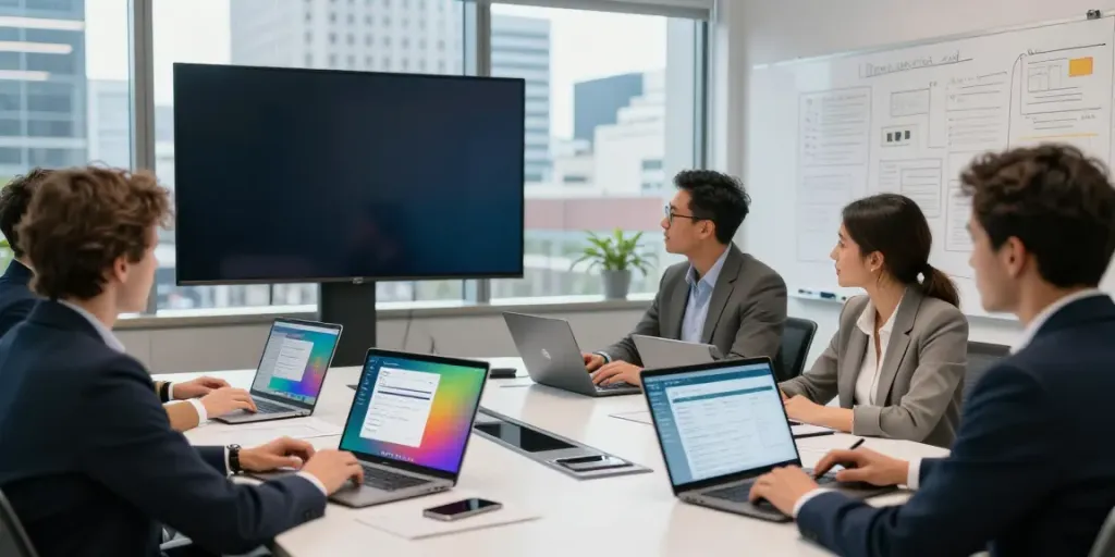 Dynamic team collaboration during an Irish company search in a modern office setting.