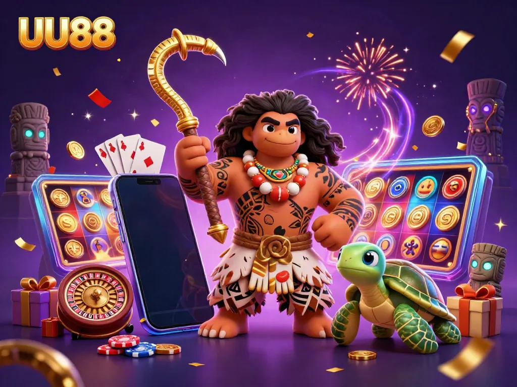 Experience UU88 gameplay magic with a vibrant illustration featuring a demigod hawk, turtle sidekick, and casino elements.