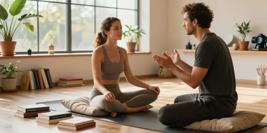 Italian sex instructor guiding a woman in a serene wellness consultation, highlighting emotional and sensual well-being.