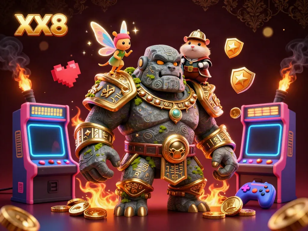 Experience the thrill of XX8 with a vibrant golem and fairy in a whimsical casino adventure.